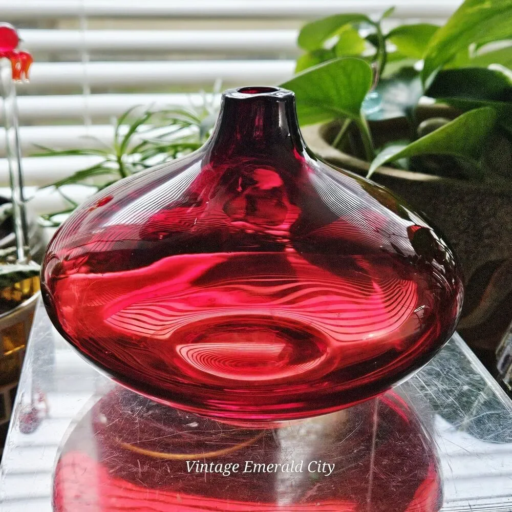 Vtg Ruby Cranberry Red Salong Hand Blown Glass Bud Vase Rounded Accent Piece
